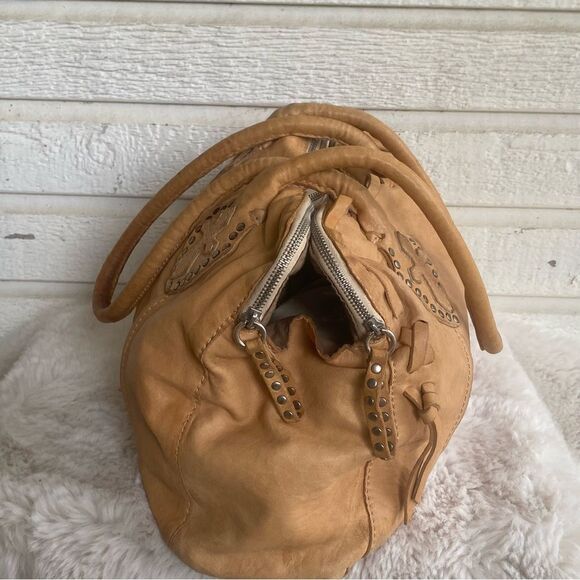 LUCKY BRAND Tan Y2K Chrome Cross Leather Hobo Bag with Embroidered Details - Picture 5 of 12